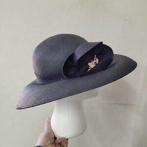 Kurt Jr By Tom Hann Vintage Hat Blue 20.5" Diameter Flower Accent Heavy Straw